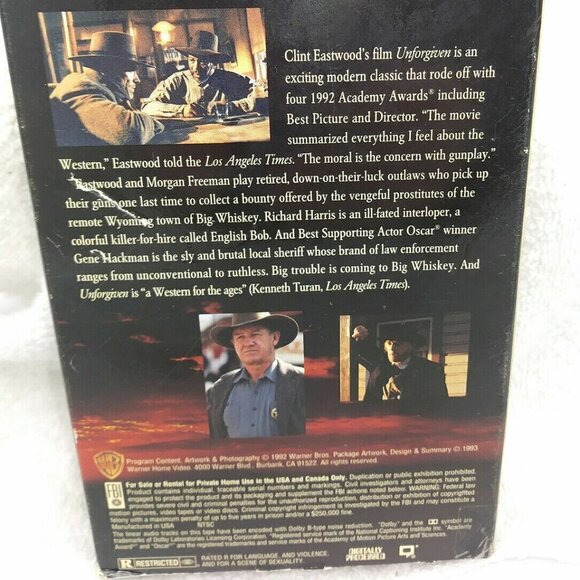Unforgiven VHS 1992 - Clint Eastwood Hackman Morgan Freeman Revisionist Western - Picture 7 of 9
